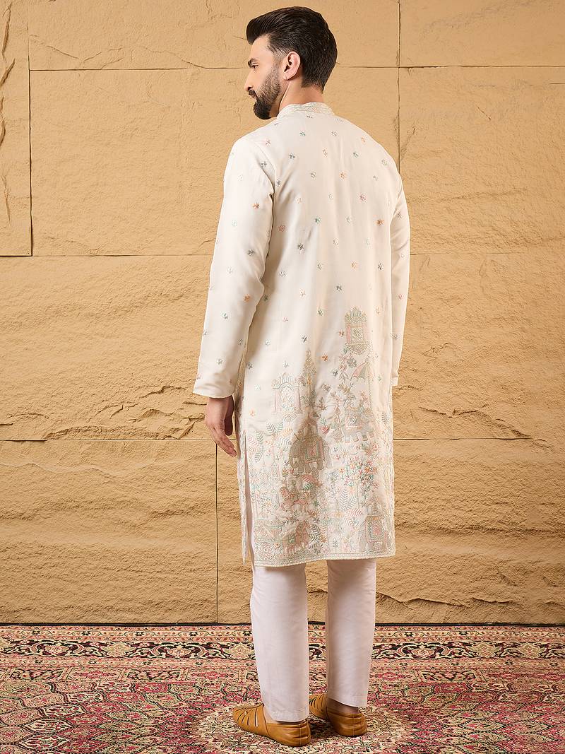 Men off white silk blend solid embroidered straight kurta with trouser