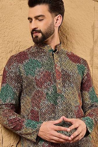 Mens multi viscose rayon geometric embroidered chikankari straight kurta with pant set