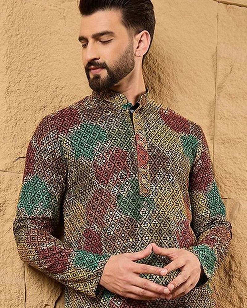 Mens multi viscose rayon geometric embroidered chikankari straight kurta with pant set