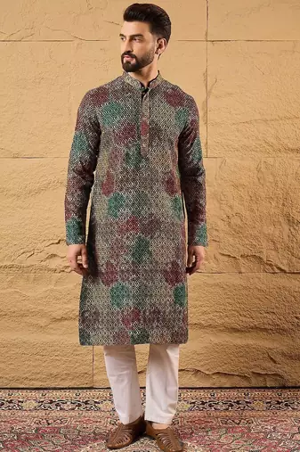 Mens multi viscose rayon geometric embroidered chikankari straight kurta with pant set