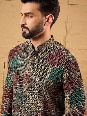 Mens multi viscose rayon geometric embroidered chikankari straight kurta with pant set 3