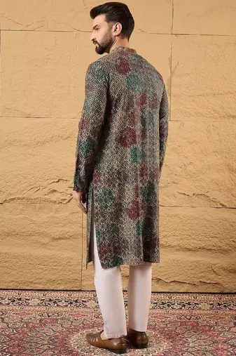 Mens multi viscose rayon geometric embroidered chikankari straight kurta with pant set