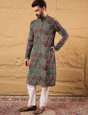 Mens multi viscose rayon geometric embroidered chikankari straight kurta with pant set 5