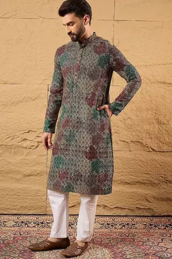 Mens multi viscose rayon geometric embroidered chikankari straight kurta with pant set