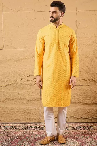 Men yellow viscose rayon solid embroidered straight kurta with trouser
