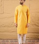 Men yellow viscose rayon solid embroidered straight kurta with trouser