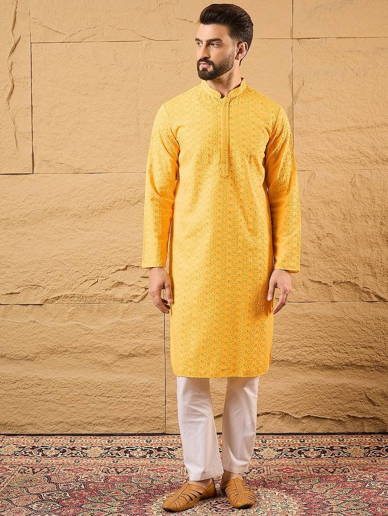 Men yellow viscose rayon solid embroidered straight kurta with trouser