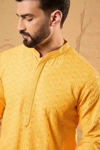 Men yellow viscose rayon solid embroidered straight kurta with trouser