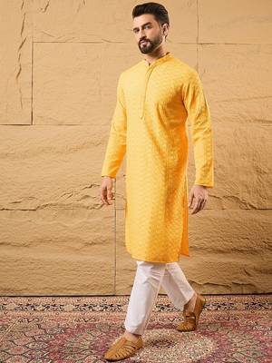 Men yellow viscose rayon solid embroidered straight kurta with trouser 3