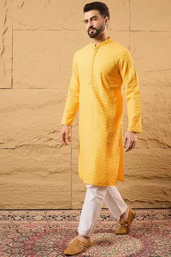 Men yellow viscose rayon solid embroidered straight kurta with trouser
