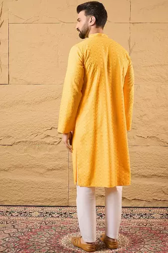 Men yellow viscose rayon solid embroidered straight kurta with trouser