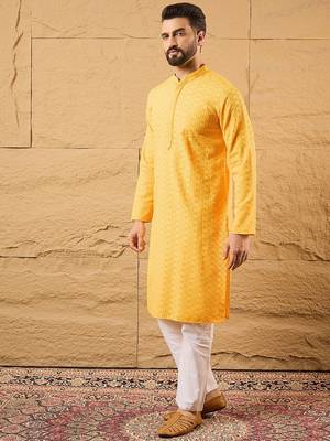 Men yellow viscose rayon solid embroidered straight kurta with trouser 5