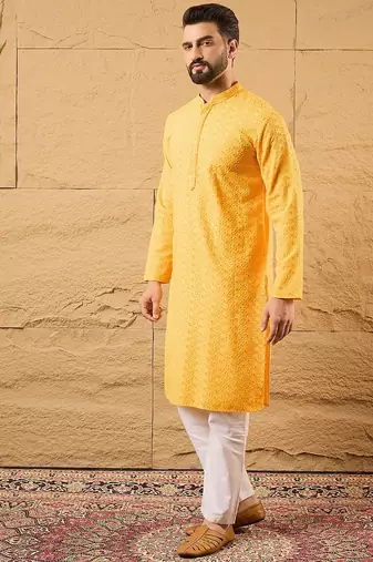 Men yellow viscose rayon solid embroidered straight kurta with trouser