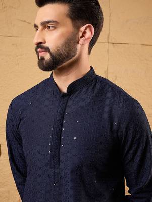 Men blue viscose rayon solid embroidered straight kurta with pant set 1