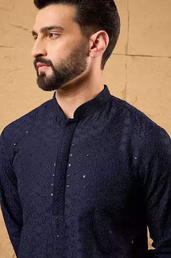 Men blue viscose rayon solid embroidered straight kurta with pant set