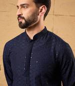 Men blue viscose rayon solid embroidered straight kurta with pant set