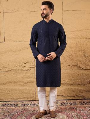 Men blue viscose rayon solid embroidered straight kurta with pant set 2