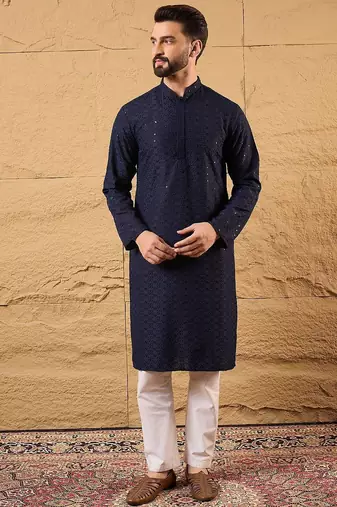 Men blue viscose rayon solid embroidered straight kurta with pant set
