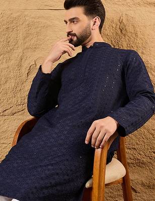 Men blue viscose rayon solid embroidered straight kurta with pant set 3