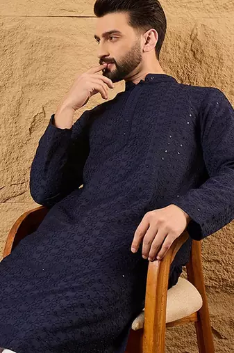 Men blue viscose rayon solid embroidered straight kurta with pant set