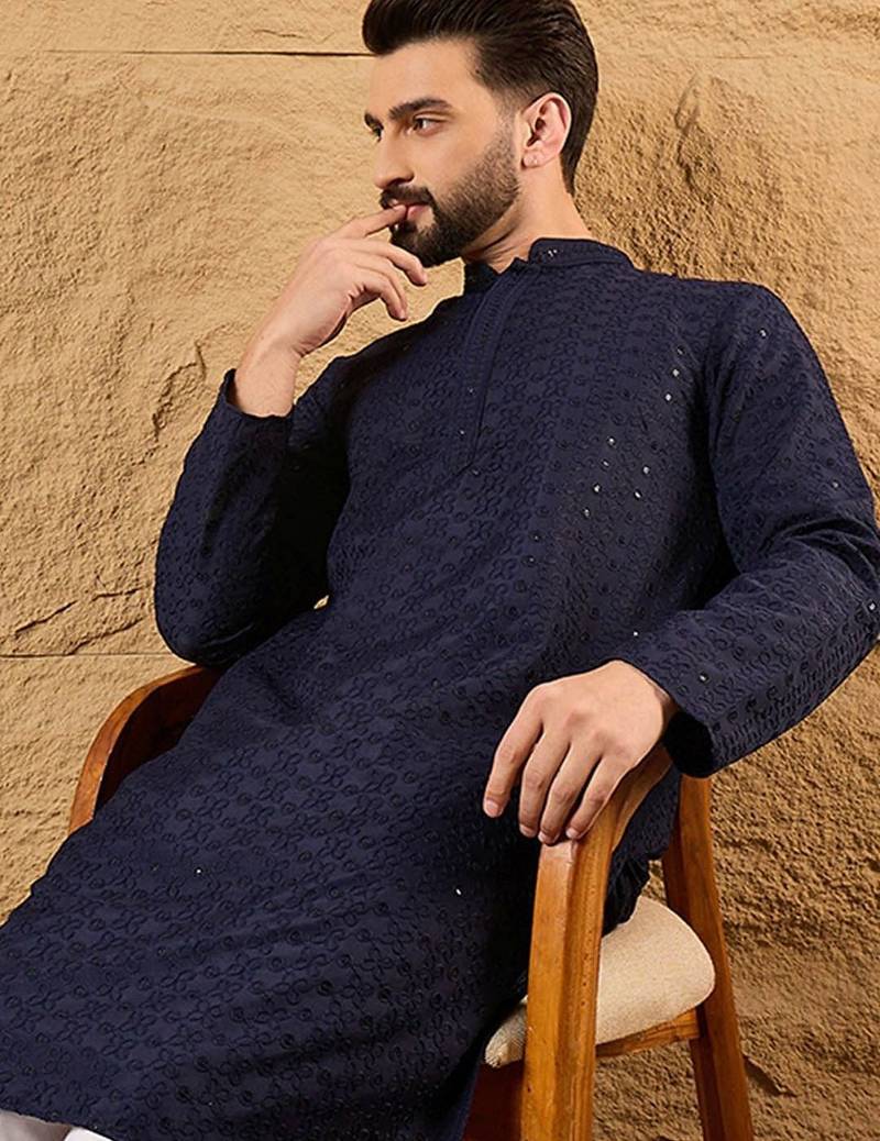 Men blue viscose rayon solid embroidered straight kurta with pant set