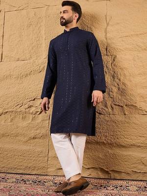Men blue viscose rayon solid embroidered straight kurta with pant set 4