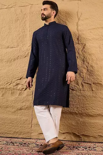 Men blue viscose rayon solid embroidered straight kurta with pant set