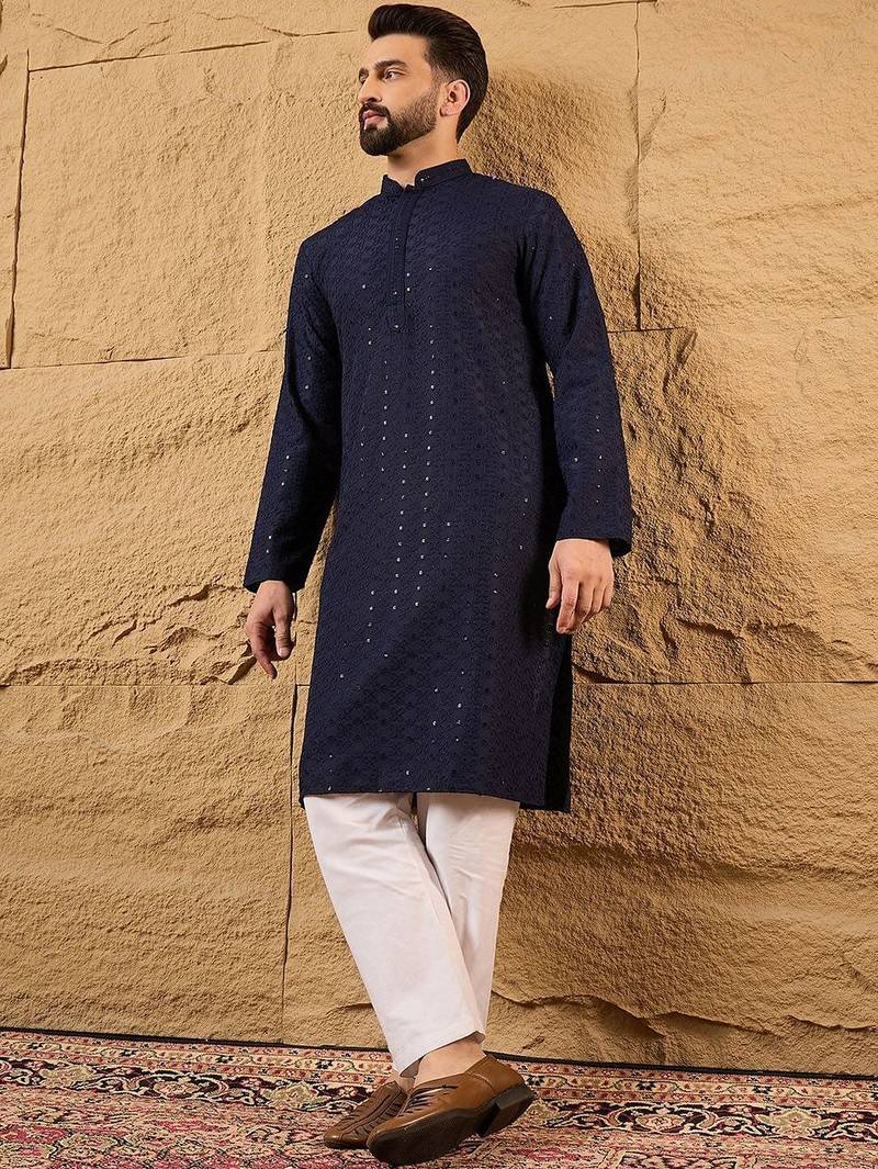Men blue viscose rayon solid embroidered straight kurta with pant set