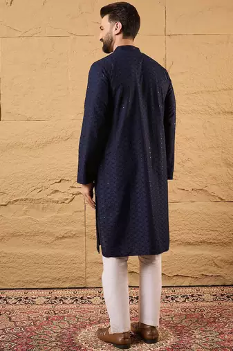 Men blue viscose rayon solid embroidered straight kurta with pant set