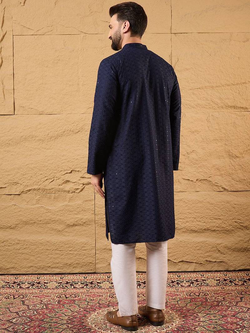 Men blue viscose rayon solid embroidered straight kurta with pant set