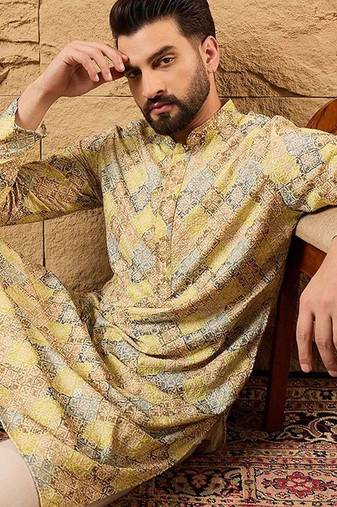 Men yellow viscose rayon bandhani embroidered straight kurta with pant set