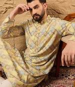 Men yellow viscose rayon bandhani embroidered straight kurta with pant set