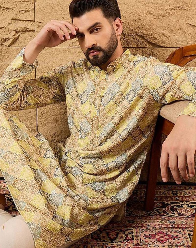 Men yellow viscose rayon bandhani embroidered straight kurta with pant set