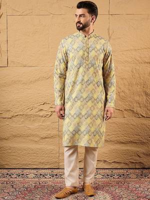 Men yellow viscose rayon bandhani embroidered straight kurta with pant set 2