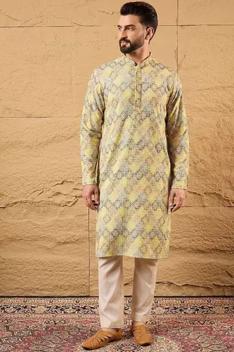 Men yellow viscose rayon bandhani embroidered straight kurta with pant set