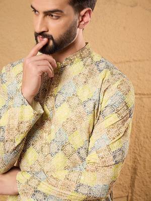 Men yellow viscose rayon bandhani embroidered straight kurta with pant set 3