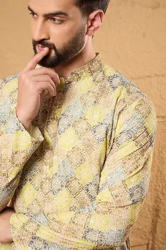 Men yellow viscose rayon bandhani embroidered straight kurta with pant set