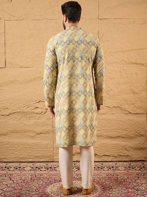 Men yellow viscose rayon bandhani embroidered straight kurta with pant set 4