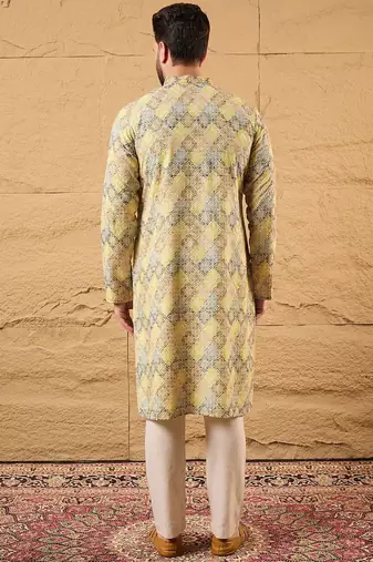 Men yellow viscose rayon bandhani embroidered straight kurta with pant set