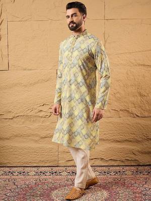 Men yellow viscose rayon bandhani embroidered straight kurta with pant set 5