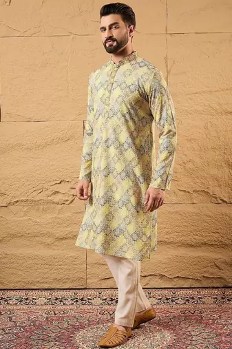 Men yellow viscose rayon bandhani embroidered straight kurta with pant set
