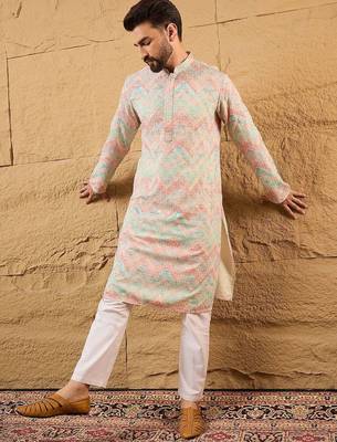 Men multicolour viscose rayon geometric embroidered straight kurta with pant set 1