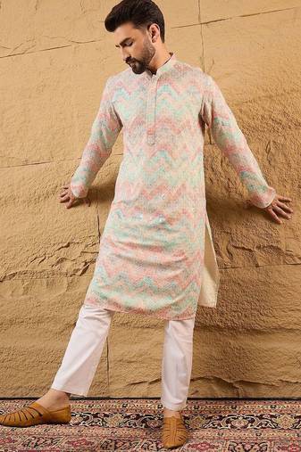 Men multicolour viscose rayon geometric embroidered straight kurta with pant set