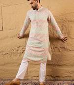 Men multicolour viscose rayon geometric embroidered straight kurta with pant set