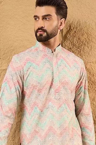 Men multicolour viscose rayon geometric embroidered straight kurta with pant set