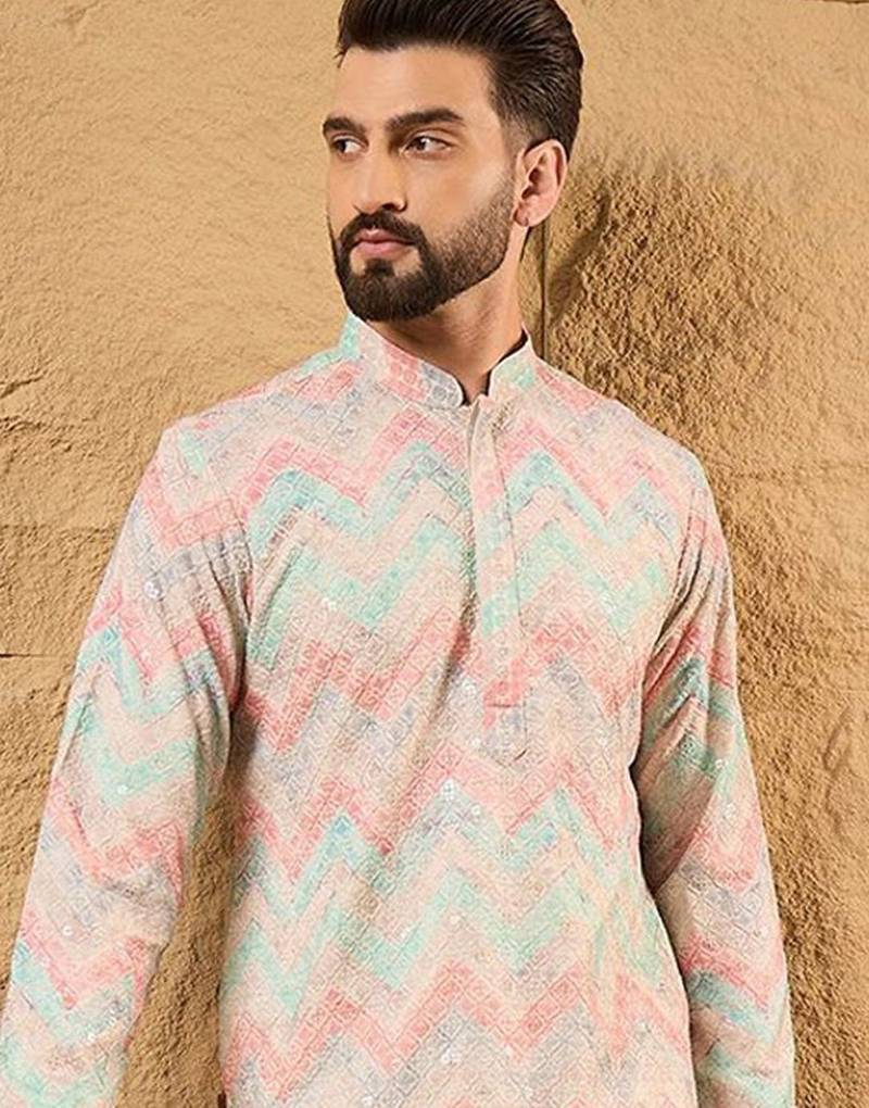 Men multicolour viscose rayon geometric embroidered straight kurta with pant set