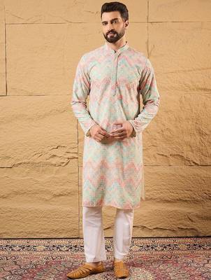 Men multicolour viscose rayon geometric embroidered straight kurta with pant set 3