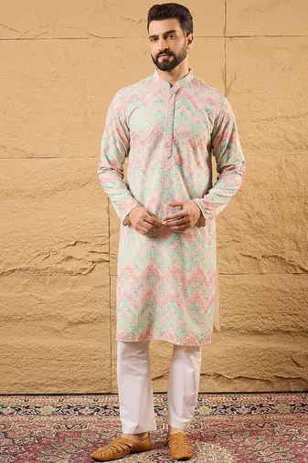 Men multicolour viscose rayon geometric embroidered straight kurta with pant set