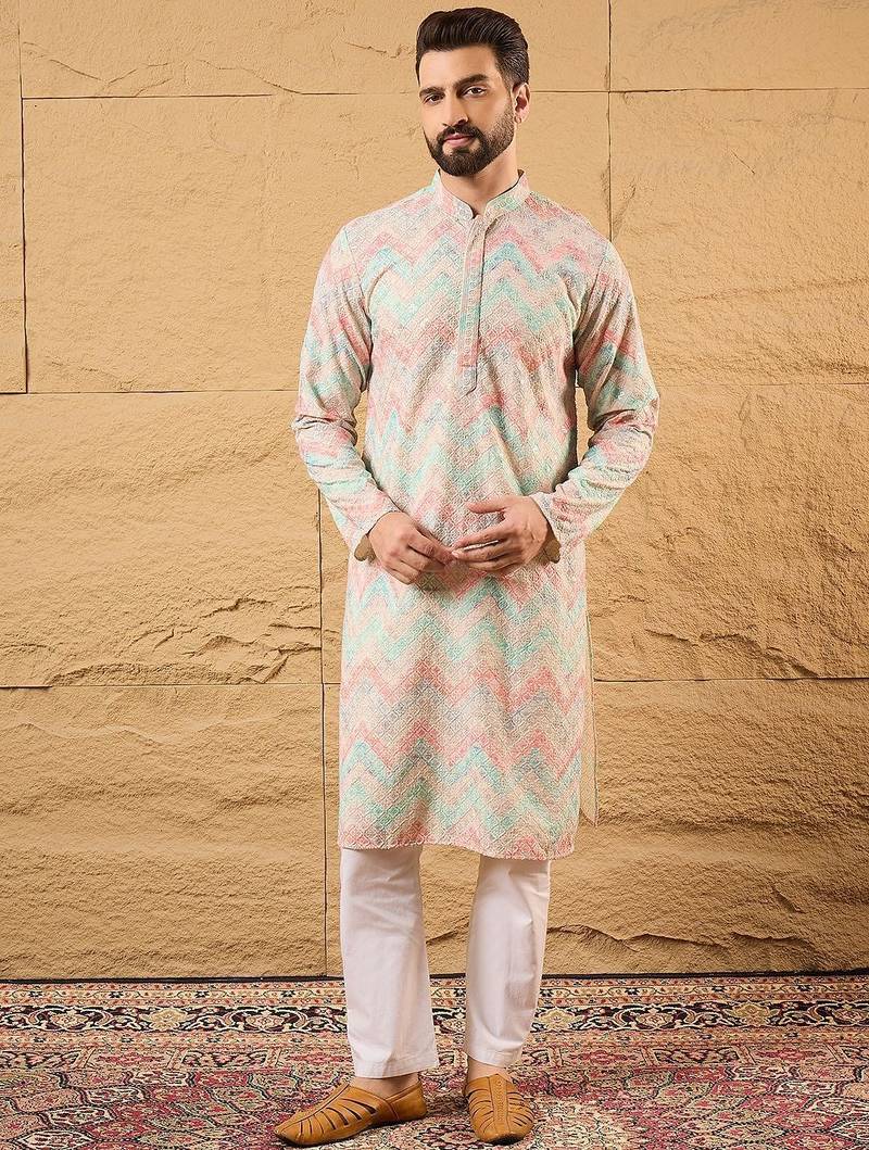 Men multicolour viscose rayon geometric embroidered straight kurta with pant set
