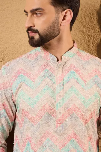 Men multicolour viscose rayon geometric embroidered straight kurta with pant set